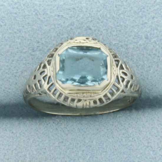Antique Filigree Art Deco Aquamarine Ring In 14k White Gold