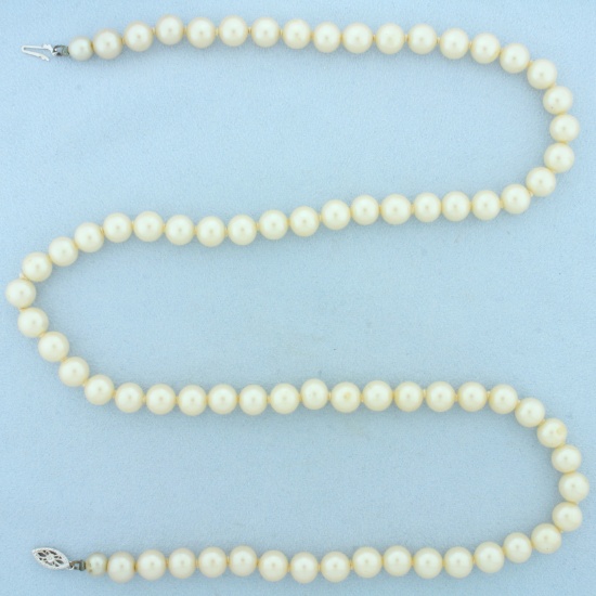Vintage Akoya Pearl Strand Necklace In 14k White Gold Filigree Clasp