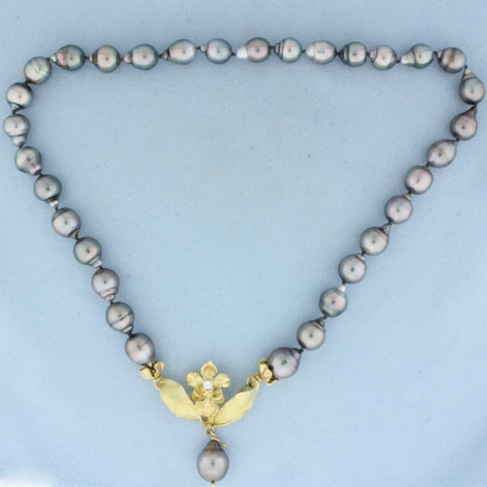Designer Angela Conty Tahitian Pearl And Diamond Necklace In 18k Yellow Gold