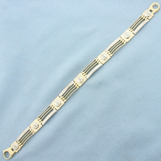 Men's Screw And Bar Link Bracelet In 14k Yellow And White Gold