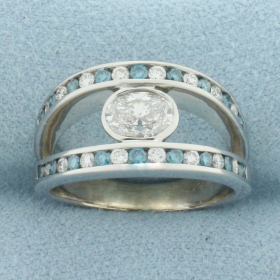 Blue And White Diamond Ring In 18k White Gold