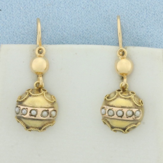 Vintage Pearl Dangle Earrings In 18k Yellow Gold