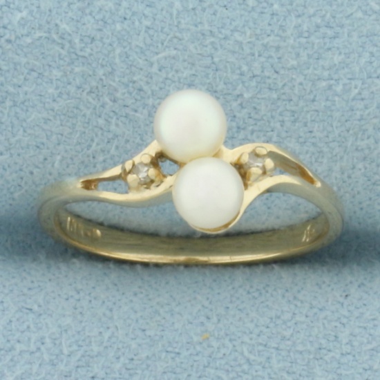 Cultured Pearl And Diamond Ring In 10k Yellow Gold