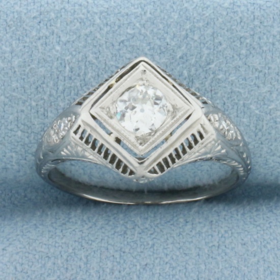 Antique Old European Diamond Filigree Art Deco Ring In Platinum