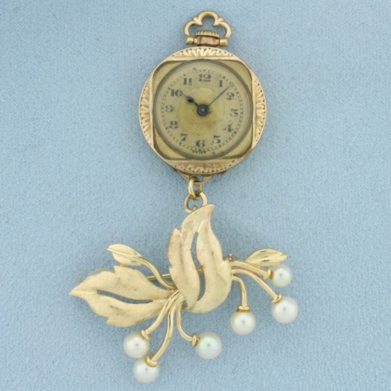 Antique Pearl Wind-up Watch Brooch In 14k Yellow Gold