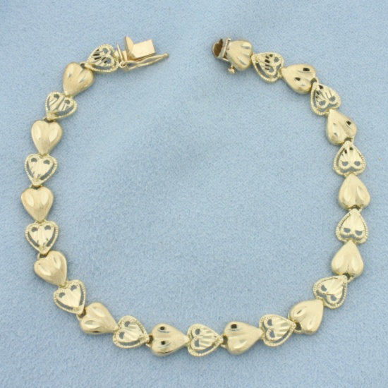 Diamond Cut Heart Link Bracelet In 14k Yellow Gold