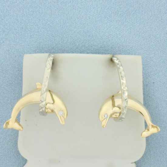 Diamond Dolphin Hoop Earrings In 14k Yellow And White Gold