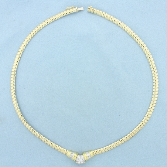 Italian Round And Baguette Diamond Designer Necklace In 14k Yellow Gold
