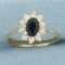 Sapphire And Diamond Flower Halo Ring In 14k Yellow Gold