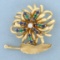 Vintage Designer Dan Frere Emerald, Sapphire, And Diamond Feather And Flower Design Pin Brooch In 14