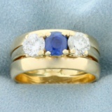 Vintage Three Stone Sapphire And Diamond Wedding Or Anniversary Ring In 14k Yellow Gold