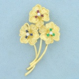 Designer Dankner Flower Pin With Emerald, Sapphire, Ruby, And Diamond In 18k Yellow Gold