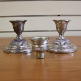 Fisher Silversmiths Hurricane Lamp Candlestick Holders Set Of 2 In .925 Sterling Silver.