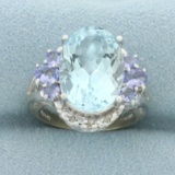 Aquamarine, Tanzanite, And Diamond Ring In 14k White Gold