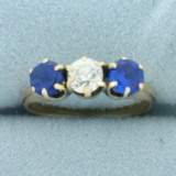 Antique Old European Diamond And Sapphire 3-stone Ring In 14k Yellow Gold
