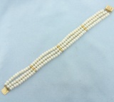 Triple Row Cultured Pearl And Gold Bead Bracelet In 14k Yellow Gold