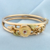 Hinged Antique Ruby And Pearl Bangle Bracelet In 14k Rose And Green Gold