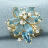 Blue Topaz And Diamond Statement Ring In 14k Yellow Gold