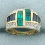 Sapphire, Tourmaline, And Diamond Ring In 14k Yellow Gold