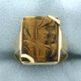 Carved Spartan Soldier Tiger's Eye Ring In 14k Yellow Gold
