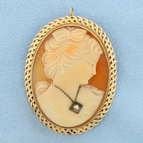 Large Vintage Hand Carved Shell Diamond Cameo Pendant Or Pin In 14k Yellow Gold