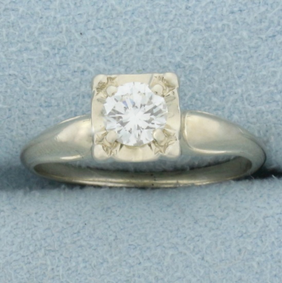 Vintage Diamond Solitaire Engagement Ring In 14k White Gold
