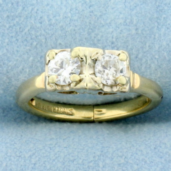 Vintage Two Stone Old European Cut Diamond Toi Et Moi Ring With Expandable Shank In 14k Yellow Gold