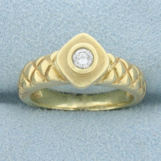 Unique Quilted Design Diamond Solitaire Ring In 14k Yellow Gold