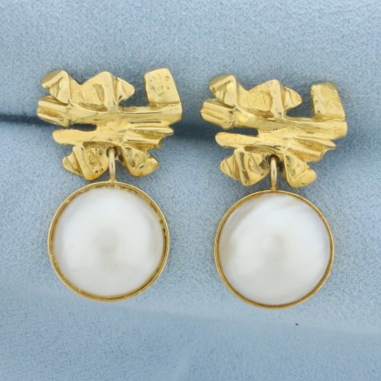 Designer Dangle Mabe Pearl Dangle Earrings In 18k Yellow Gold