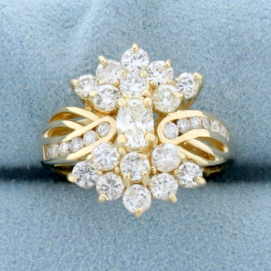 Vintage Oval And Round Diamond Cocktail Ring In 14k Yellow Gold