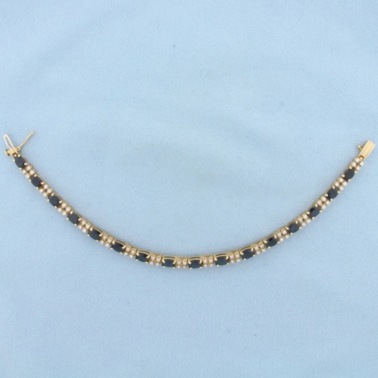 Natural Sapphire And Diamond Tennis Bracelet In 14k Yellow Gold