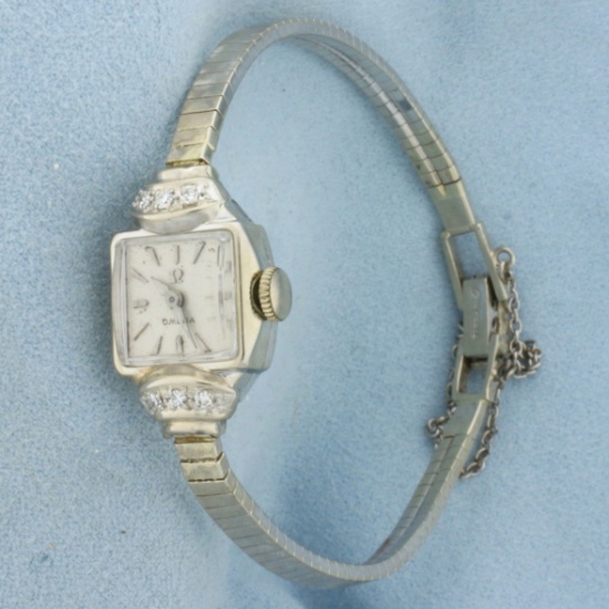 Womans Vintage Omega Wrist Watch In Solid 14k White Gold