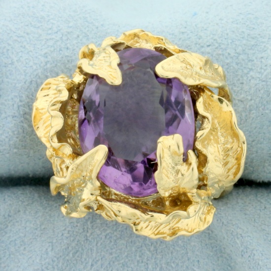 Designer Amethyst Leaf Design Statement Ring In 14k Yellow Gold