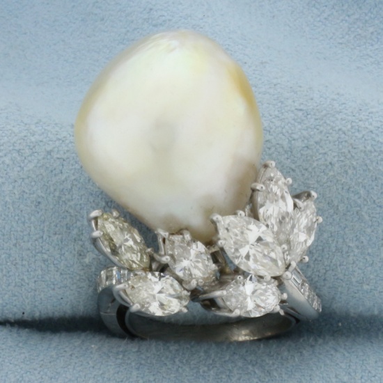 Designer One Of A Kind Massive Pearl And Diamond Statement Ring In Platinum