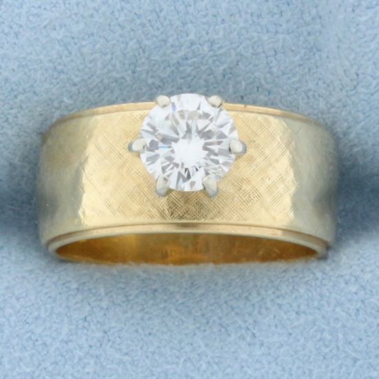 Wide Band 3/4ct Diamond Solitaire Ring In 14k Yellow Gold