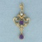 Vintage Amethyst And Pearl Pendant In 14k Yellow Gold