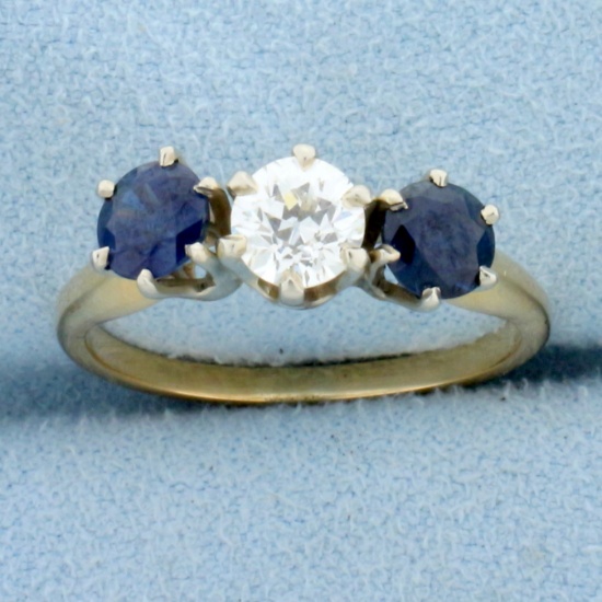 Antique Three Stone Sapphire And Diamond Ring In 14k Yellow And White Gold