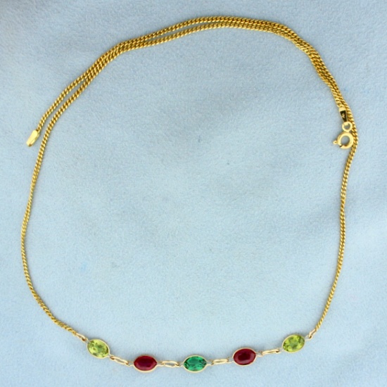 Emerald, Ruby, And Peridot Necklace In 14k Yellow Gold