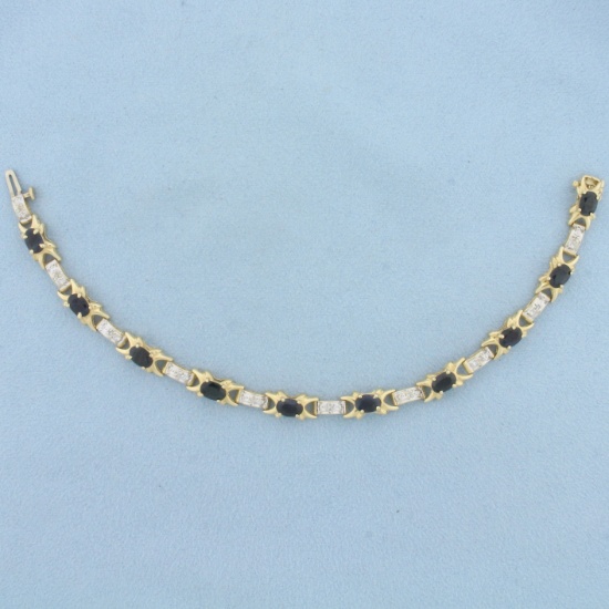 Natural Sapphire And Diamond Tennis Bracelet In 14k Yellow Gold
