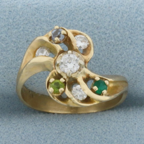 Pinwheel Diamond And Gemstone Ring In 14k Yellow Gold