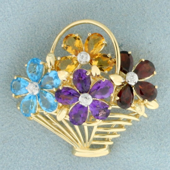 Rainbow Gemstone And Diamond Flower Basket Brooch In 14k Yellow Gold