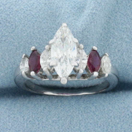 Marquise Diamond And Ruby Engagement Ring In 14k White Gold