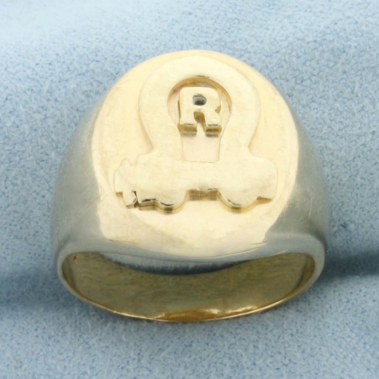Mens R Initial Monogram Signet Ring In 14k Yellow Gold