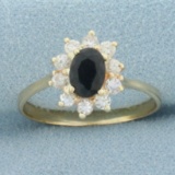 Sapphire And Diamond Flower Halo Ring In 14k Yellow Gold