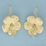 Diamond Cut Hibiscus Flower Drop Earrings In 14k Yellow Gold