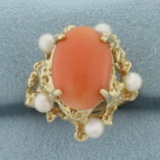 Pink Angel Coral And Pearl Ring In 14k Yellow Gold