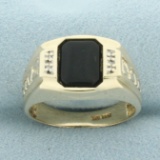 Mens Vintage Onyx And Diamond Ring In 10k Yellow Gold
