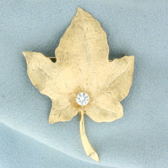 Maple Leaf Diamond Brooch Pin In 14k Yellow Gold