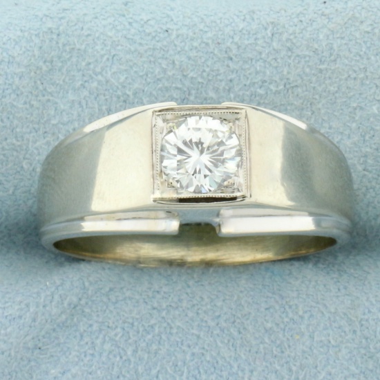 Mens 1ct Diamond Solitaire Ring In 14k White Gold
