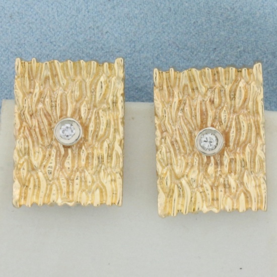 Unique Wood Grain Design Diamond Earrings In 14k Yellow Gold
